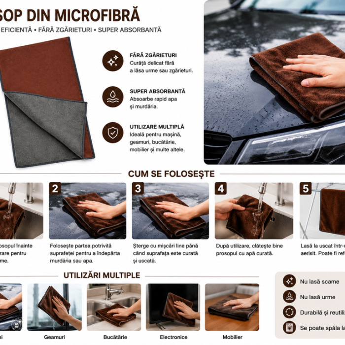 Lavetă din Microfibră 30 x 30 cm pentru Auto și Curățare, Ștergere Eficientă fără Urme - imagine 2