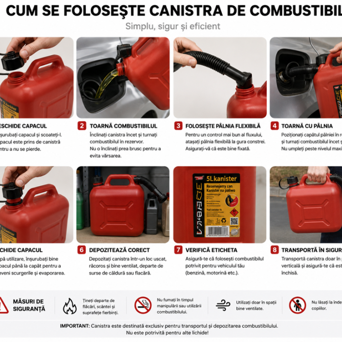 Canistră Plastic 5L pentru Combustibil și Lichide, cu Pâlnie Flexibilă și Mâner Ergonomic, Recipient Portabil pentru Transport Carburant, Roșu - imagine 3